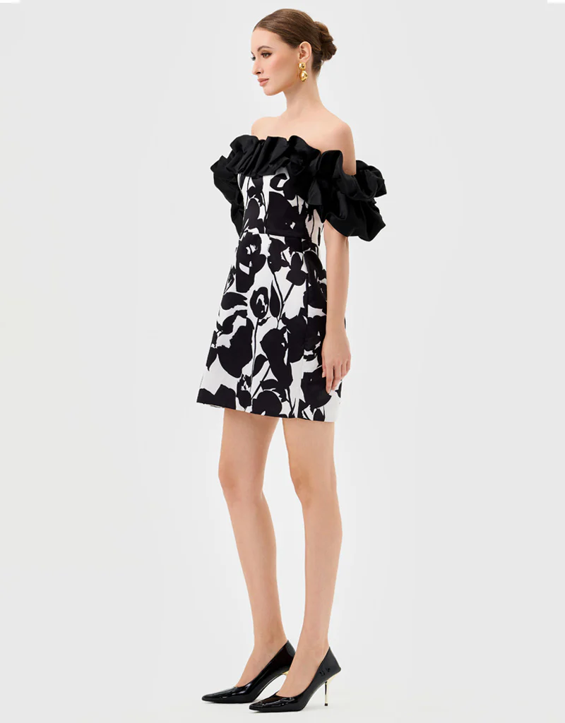 CHARLI OFF SHOULDER MINI BL81D02S - Black White Print - Image 4