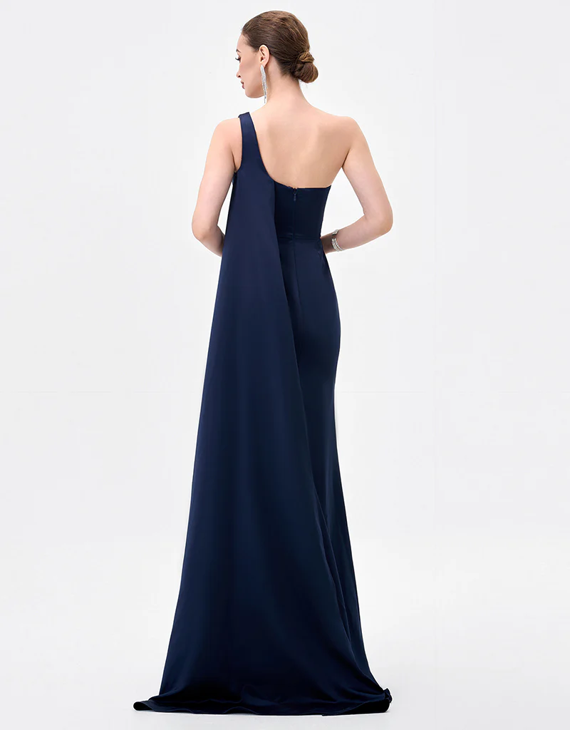 DAVINA ONE SHOULDER GOWN B78D24L - Navy - Image 4