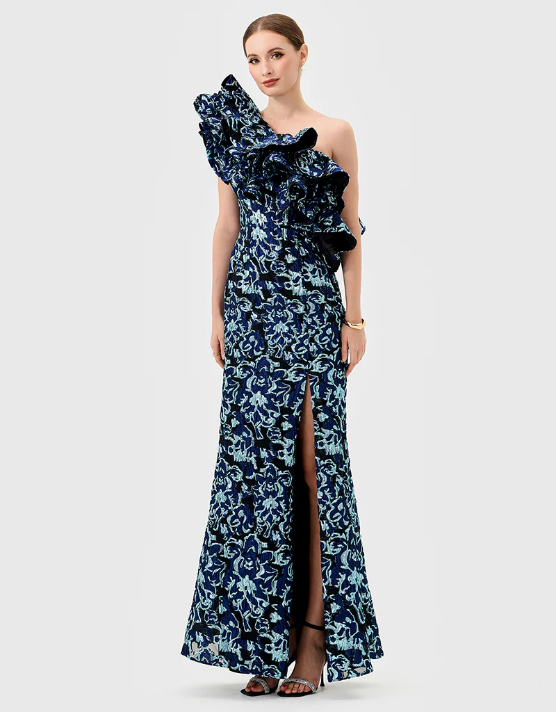 LETTY ONE SHOULDER RUFFLE GOWN B77D45L - Blue