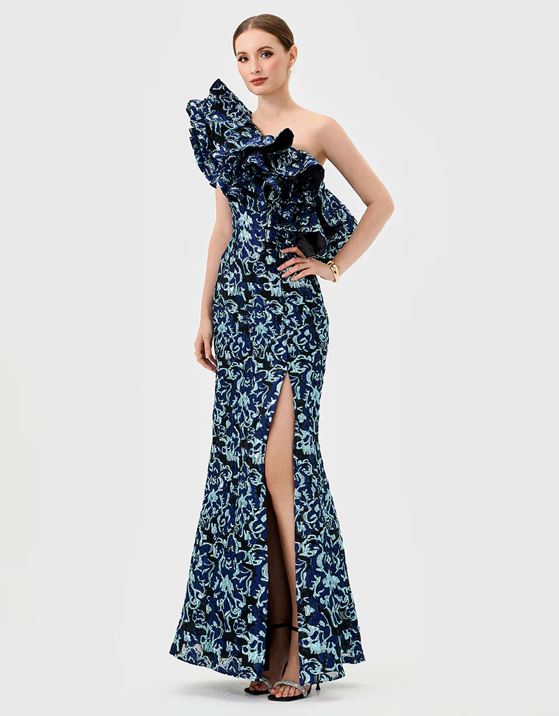 LETTY ONE SHOULDER RUFFLE GOWN B77D45L - Blue - Image 3