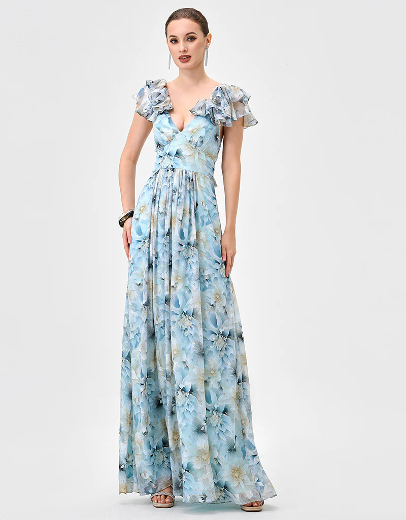 MARKOVA FRILL SHOULDER MAXI BL83D0103 - Blue/Silver Print - Image 3