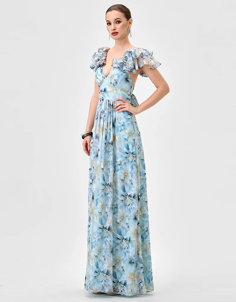 MARKOVA FRILL SHOULDER MAXI BL83D0103 - Blue/Silver Print - Image 4