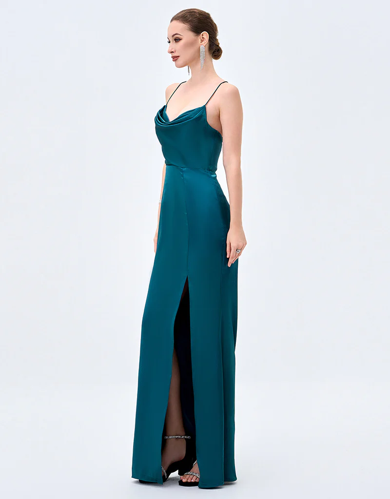 STEPHANIE COWL DRAPED SATIN GOWN B34D15L - Emerald - Image 3