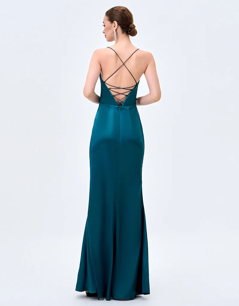 STEPHANIE COWL DRAPED SATIN GOWN B34D15L - Emerald - Image 4
