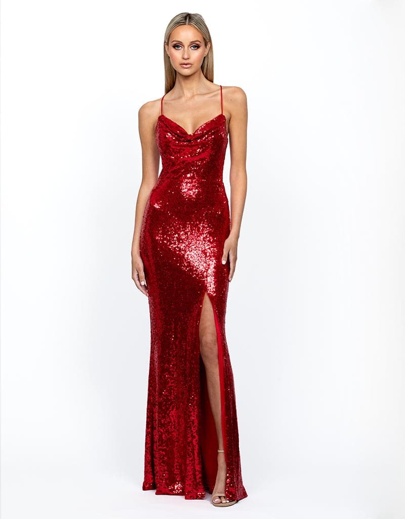 STEPHANIE COWL DRAPED SEQUIN GOWN B34D15LSE - Cherry Red