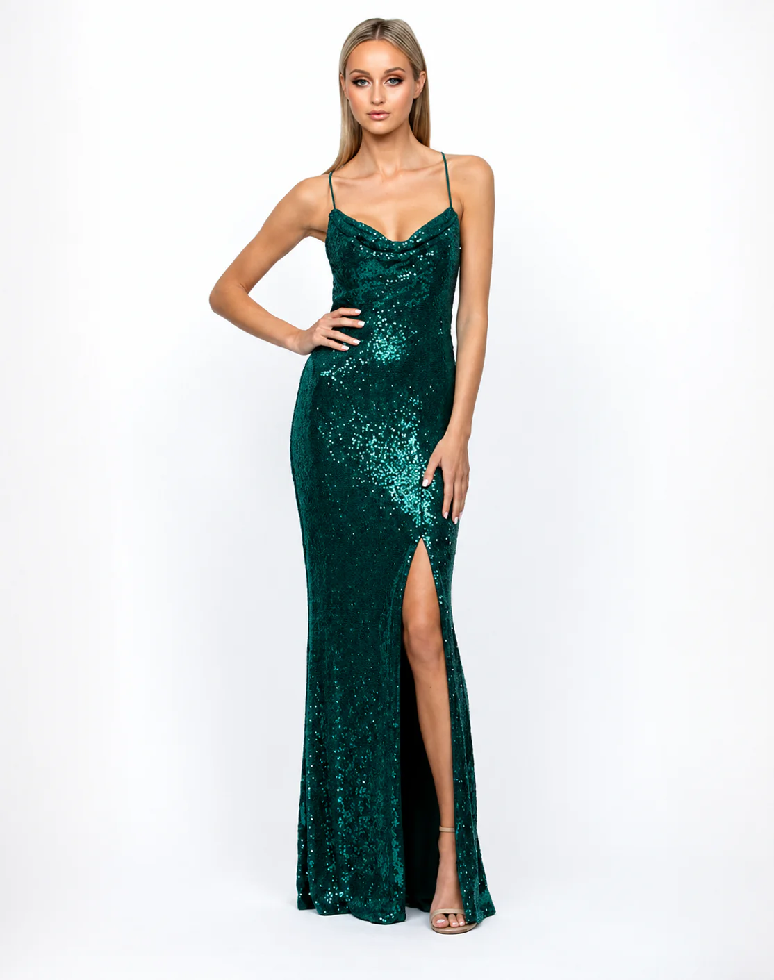 STEPHANIE COWL DRAPED SEQUIN GOWN B34D15LSE - Emerald