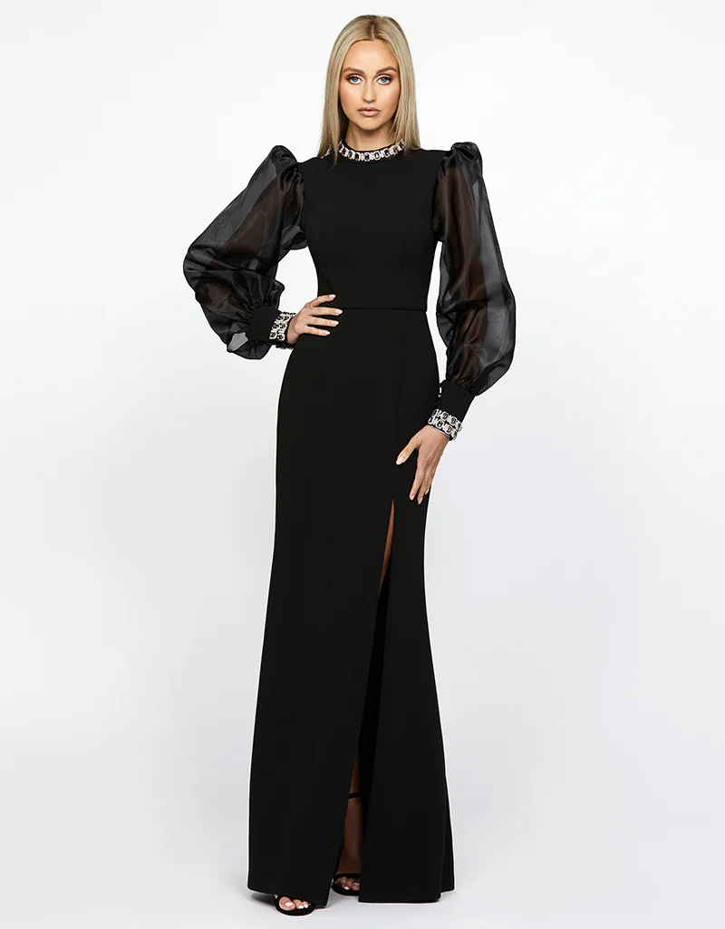 WINNIE SHEER SLEEVE GOWN B67D12L - Black